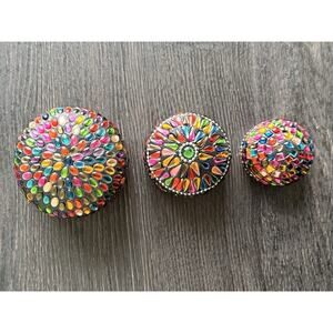 Colorful Mosaic Glass Trinket Boxes Set of 3 Jeweled Jewelry Storage Boho Decor